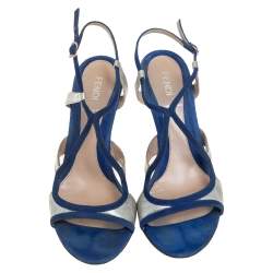 Pre Owned Fendi Blue/Silver Leather And Suede Strappy Sandals Size 37.5