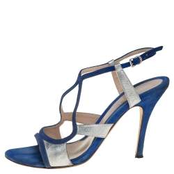 Pre Owned Fendi Blue/Silver Leather And Suede Strappy Sandals Size 37.5