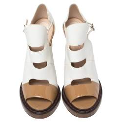 Pre Owned Fendi White/Tan Leather And Patent Cut Out Ankle Strap Sandals Size 40