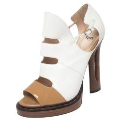 Pre Owned Fendi White/Tan Leather And Patent Cut Out Ankle Strap Sandals Size 40