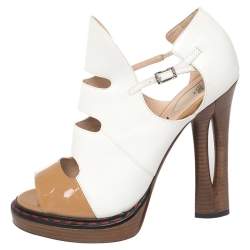 Pre Owned Fendi White/Tan Leather And Patent Cut Out Ankle Strap Sandals Size 40