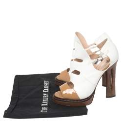 Pre Owned Fendi White/Tan Leather And Patent Cut Out Ankle Strap Sandals Size 40