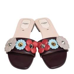 Pre Owned Fendi Brown Leather Embellished Flat Sandals Size 38