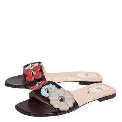 Pre Owned Fendi Brown Leather Embellished Flat Sandals Size 38