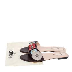 Pre Owned Fendi Brown Leather Embellished Flat Sandals Size 38