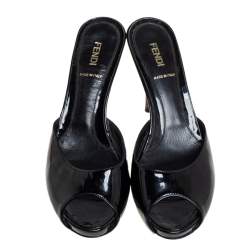 Pre Owned Fendi Black Patent Leather Peep Toe Slide Sandals Size 38