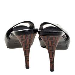 Pre Owned Fendi Black Patent Leather Peep Toe Slide Sandals Size 38