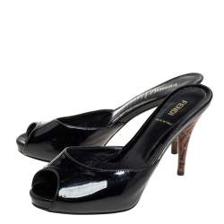 Pre Owned Fendi Black Patent Leather Peep Toe Slide Sandals Size 38
