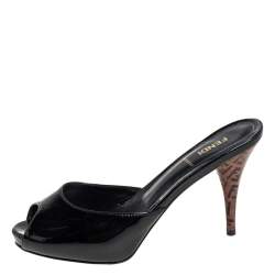 Fendi Black Patent Leather Peep Toe Slide Sandals Size 38