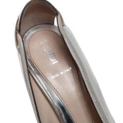 Pre Owned Fendi Silver Patent Leather Peep Toe Pumps Size 38.5