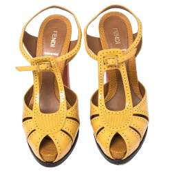 Fendi Yellow Patent Leather T-Strap Block Heel Peep Toe Pumps Size 40