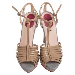 Fendi Beige Leather and Lizard-Embossed Strappy Platform Ankle Strap Sandals Size 35.5