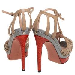 Fendi Beige Leather and Lizard-Embossed Strappy Platform Ankle Strap Sandals Size 35.5