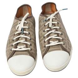 Pre Owned Fendi Beige/White Perforated Zucca Leather Lace Up Sneaker Size 44
