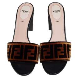 Pre Owned Fendi Brown FF Zucca Velvet Slide Sandals Size 40