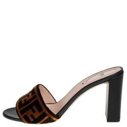 Pre Owned Fendi Brown FF Zucca Velvet Slide Sandals Size 40