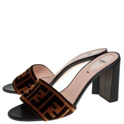 Pre Owned Fendi Brown FF Zucca Velvet Slide Sandals Size 40