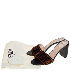 Pre Owned Fendi Brown FF Zucca Velvet Slide Sandals Size 40