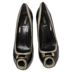 Fendi Black Patent and Textured Leather Peep Toe Platform Pumps Size 41