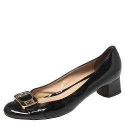 Pre Owned Fendi Black Patent Leather Buckle Detail Block Heel Pumps Size 41