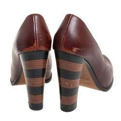 Pre Owned Fendi Burgundy Leather Pequin Block Heel Pumps Size 35