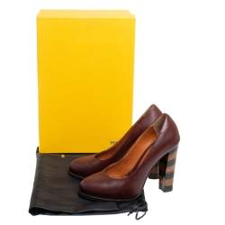 Pre Owned Fendi Burgundy Leather Pequin Block Heel Pumps Size 35