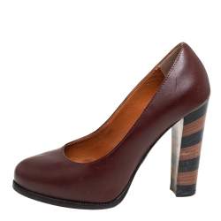 Pre Owned Fendi Burgundy Leather Pequin Block Heel Pumps Size 35