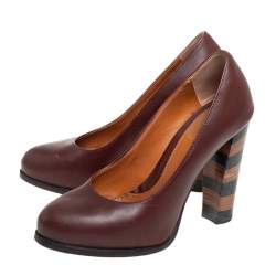 Pre Owned Fendi Burgundy Leather Pequin Block Heel Pumps Size 35