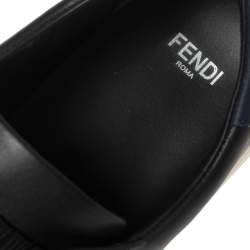 Pre Owned Fendi Black And Blue Leather Logo Knit Rockoko Scallop Detail Slip On Sneakers Size 38.5