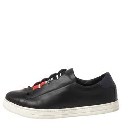 Pre Owned Fendi Black And Blue Leather Logo Knit Rockoko Scallop Detail Slip On Sneakers Size 38.5
