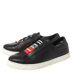 Pre Owned Fendi Black And Blue Leather Logo Knit Rockoko Scallop Detail Slip On Sneakers Size 38.5