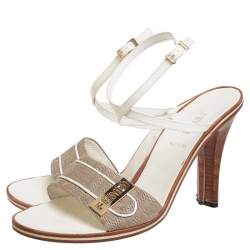 Pre Owned Fendi Beige/White Canvas And Leather Ankle Strap Sandals Size 39.5