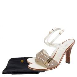 Pre Owned Fendi Beige/White Canvas And Leather Ankle Strap Sandals Size 39.5