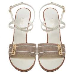 Pre Owned Fendi Beige/White Canvas And Leather Ankle Strap Sandals Size 39.5