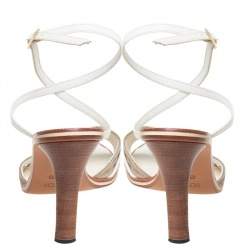 Pre Owned Fendi Beige/White Canvas And Leather Ankle Strap Sandals Size 39.5