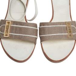 Pre Owned Fendi Beige/White Canvas And Leather Ankle Strap Sandals Size 39.5