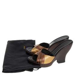 Pre Owned Fendi Metallic Gold Leather Open Toe Wedge Slide Sandals Size 40.5