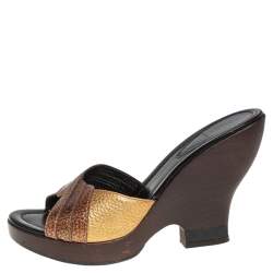 Pre Owned Fendi Metallic Gold Leather Open Toe Wedge Slide Sandals Size 40.5