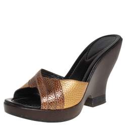 Pre Owned Fendi Metallic Gold Leather Open Toe Wedge Slide Sandals Size 40.5