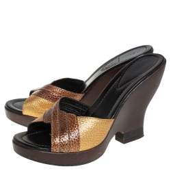 Pre Owned Fendi Metallic Gold Leather Open Toe Wedge Slide Sandals Size 40.5
