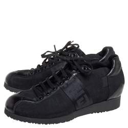 Pre Owned Fendi Black Zucca Canvas and Leather Low Top Sneakers Size 37