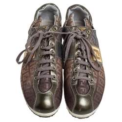 Pre Owned Fendi Tobacco Zucca Canvas And Leather Trim Low Top Sneakers Size 37.5