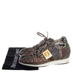 Pre Owned Fendi Tobacco Zucca Canvas And Leather Trim Low Top Sneakers Size 37.5