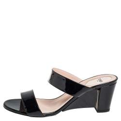 Pre Owned Fendi Black  Patent Leather Wedge Slides Sandals Size 39.5