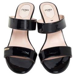 Pre Owned Fendi Black  Patent Leather Wedge Slides Sandals Size 39.5