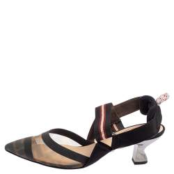 Pre Owned Fendi Multicolor FF Mesh And Leather Colibrì Slingback Sandals Size 37