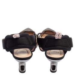 Pre Owned Fendi Multicolor FF Mesh And Leather Colibrì Slingback Sandals Size 37