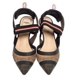 Pre Owned Fendi Multicolor FF Mesh And Leather Colibrì Slingback Sandals Size 37