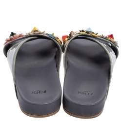 Pre Owned Fendi Grey Leather Flowerland Slide Sandals Size 37