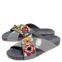 Pre Owned Fendi Grey Leather Flowerland Slide Sandals Size 37